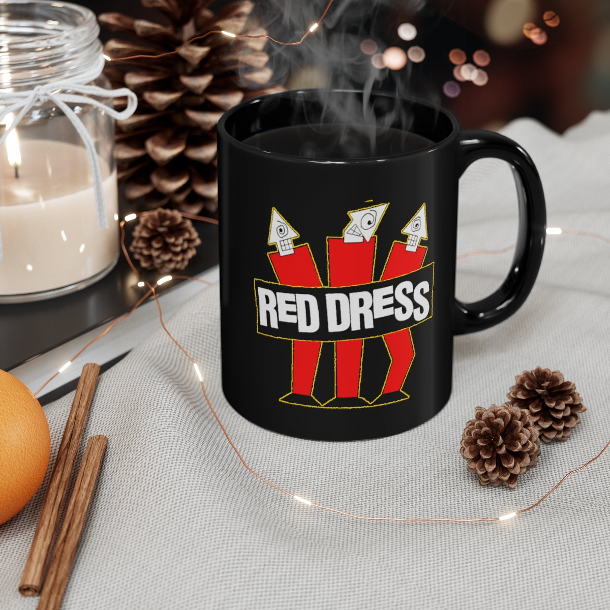 RED DRESS Black Ceramic Mug